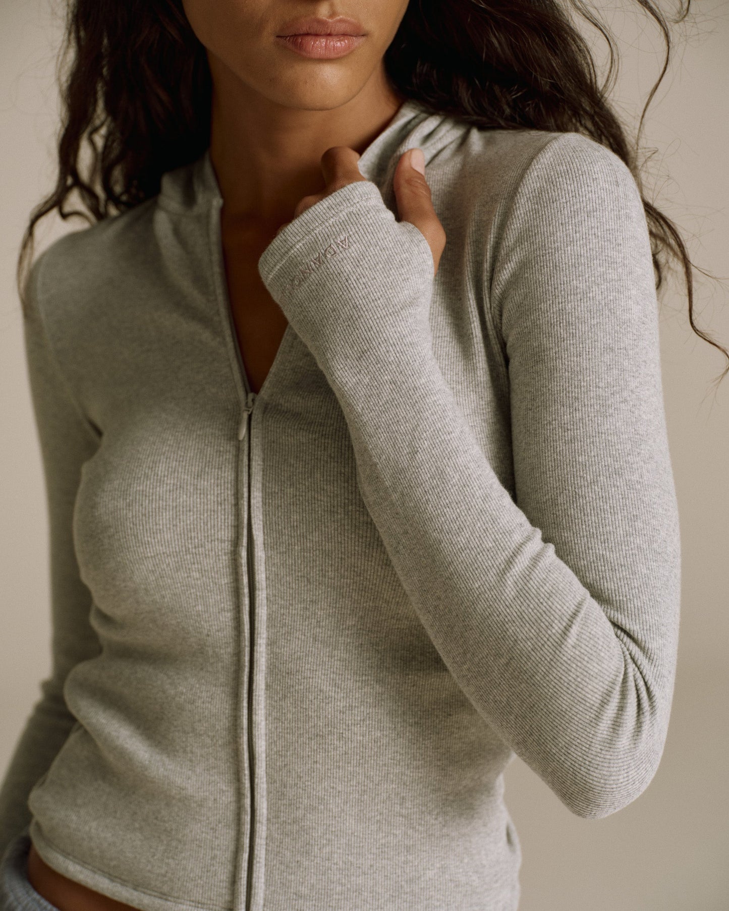 Rib Full Zip Hoodie - Light Grey Melange