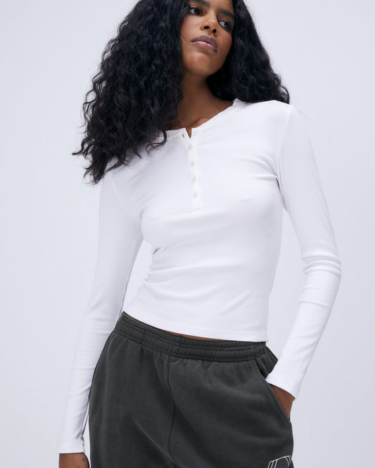 Rib Long Sleeve Button Up Top - White