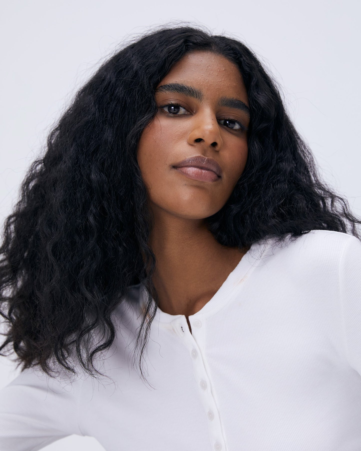 Rib Long Sleeve Button Up Top - White