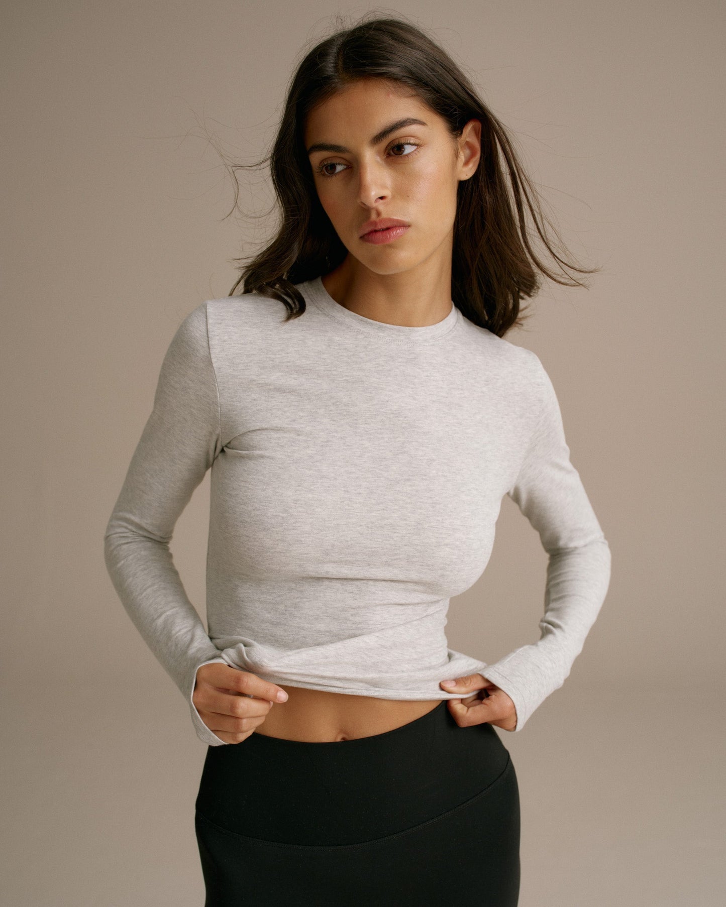 Cotton Long Sleeve Top - Grey Melange