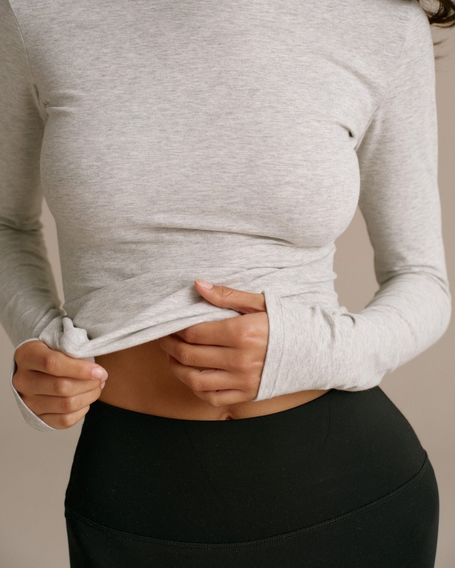 Cotton Long Sleeve Top - Grey Melange