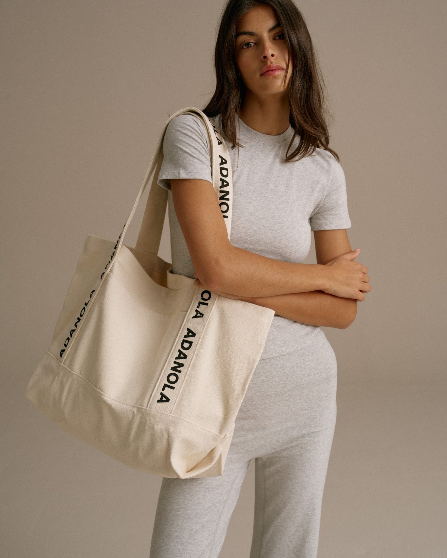 Branded Strap Tote Bag - Cream/Black