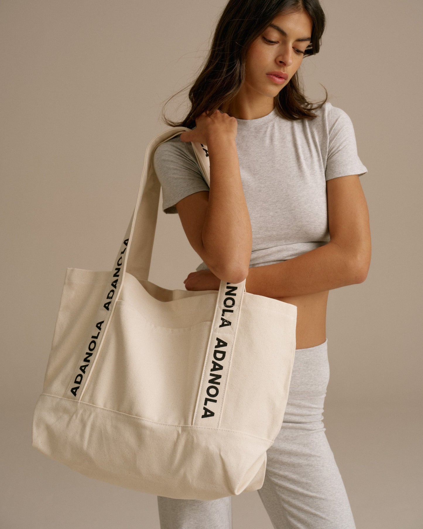 Branded Strap Tote Bag - Cream/Black