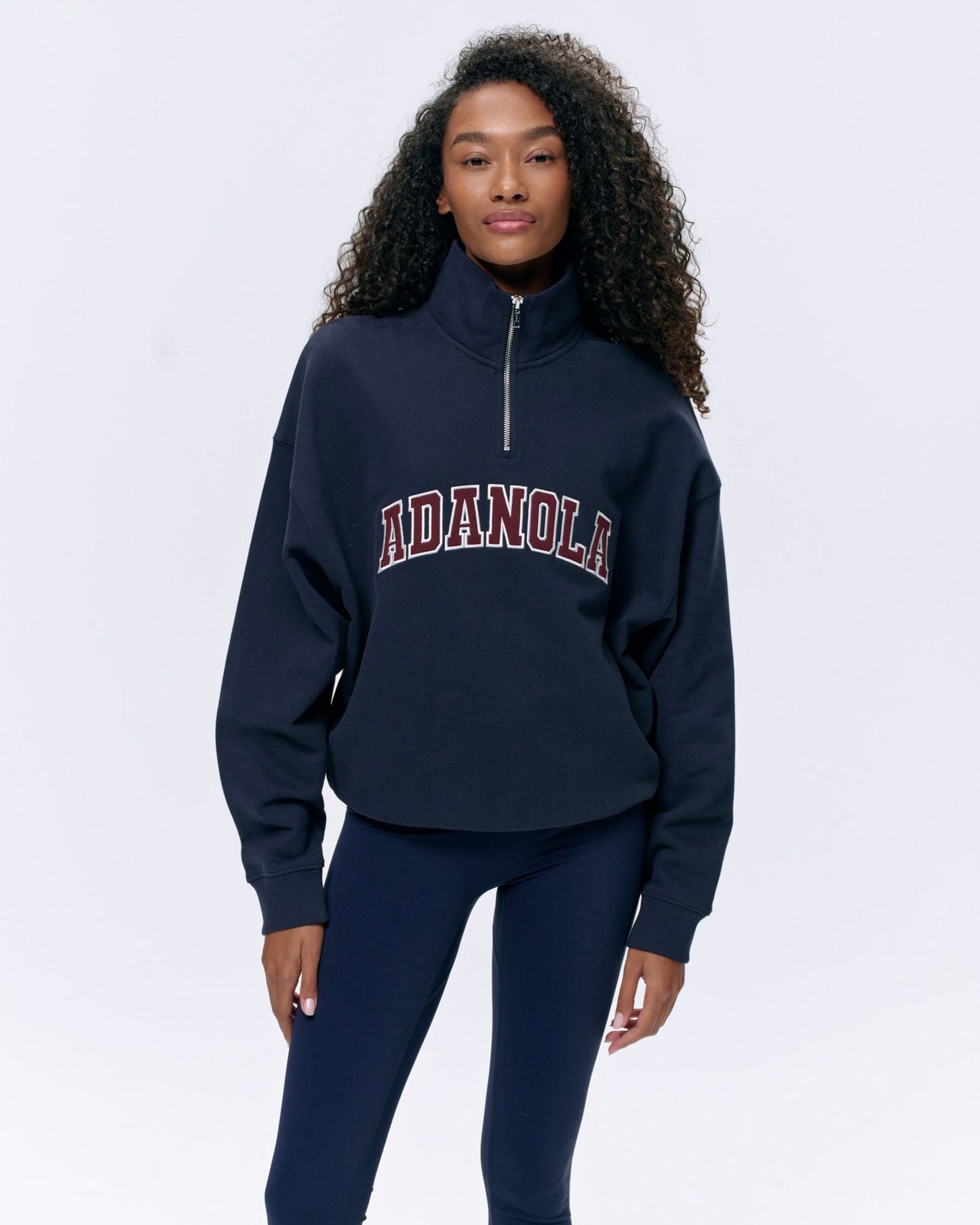 Varsity Relaxed Funnel Neck Zip Sweatshirt - Navy Blue/Burgundy