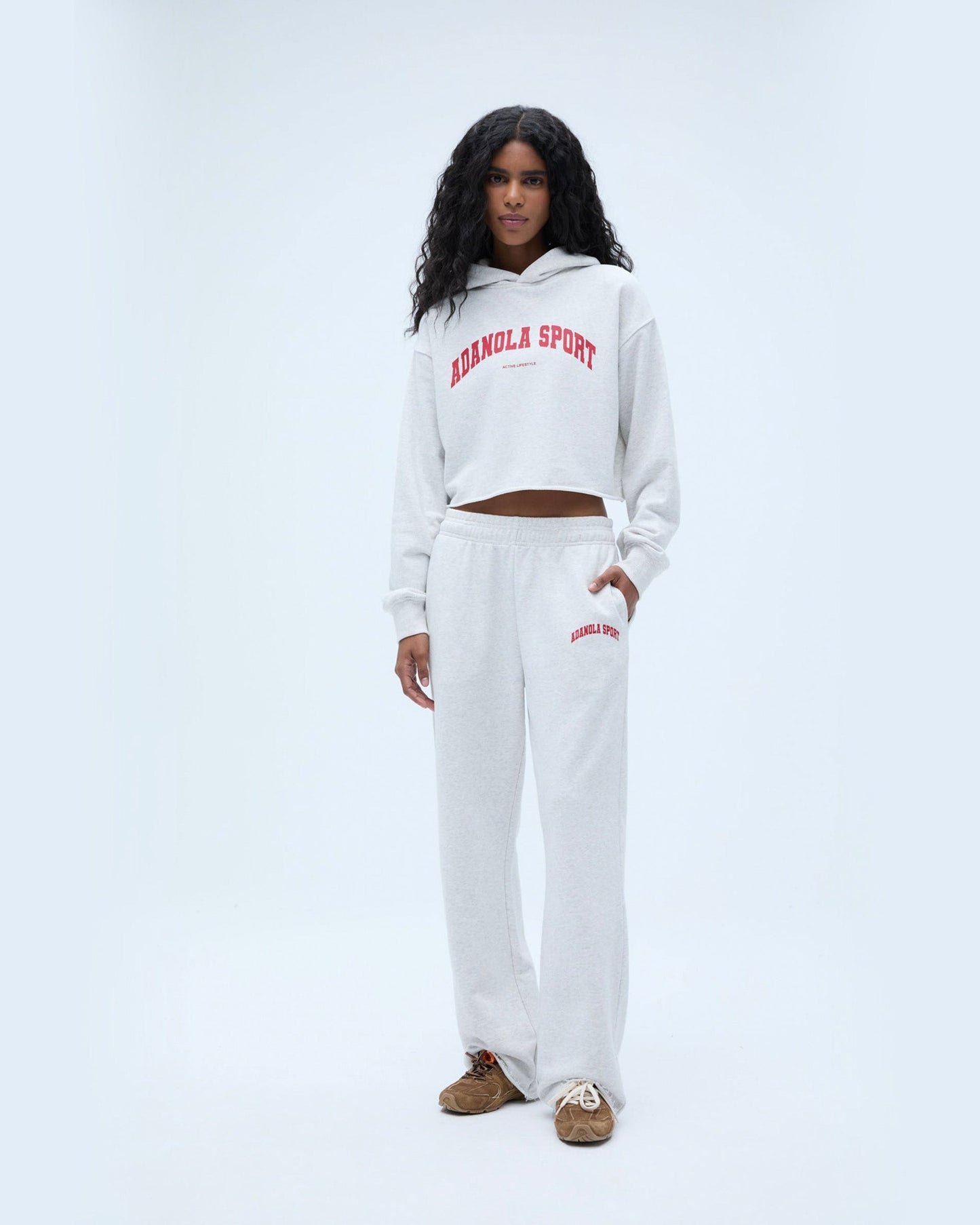 AS Raw Hem Crop Hoodie - Light Grey Melange/Classic Red