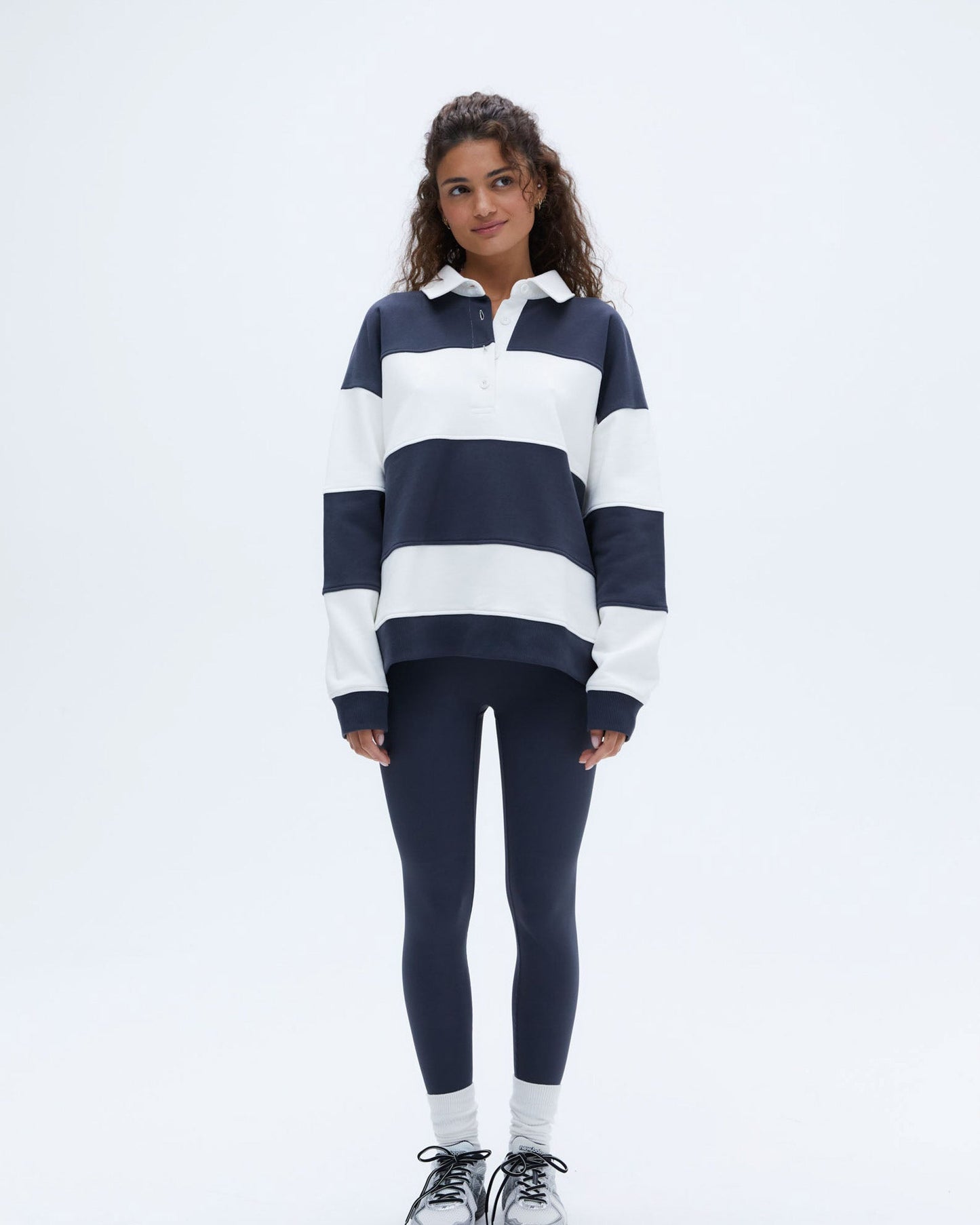 Stripe Oversized Henley Sweatshirt - Midnight Blue/Marshmallow White