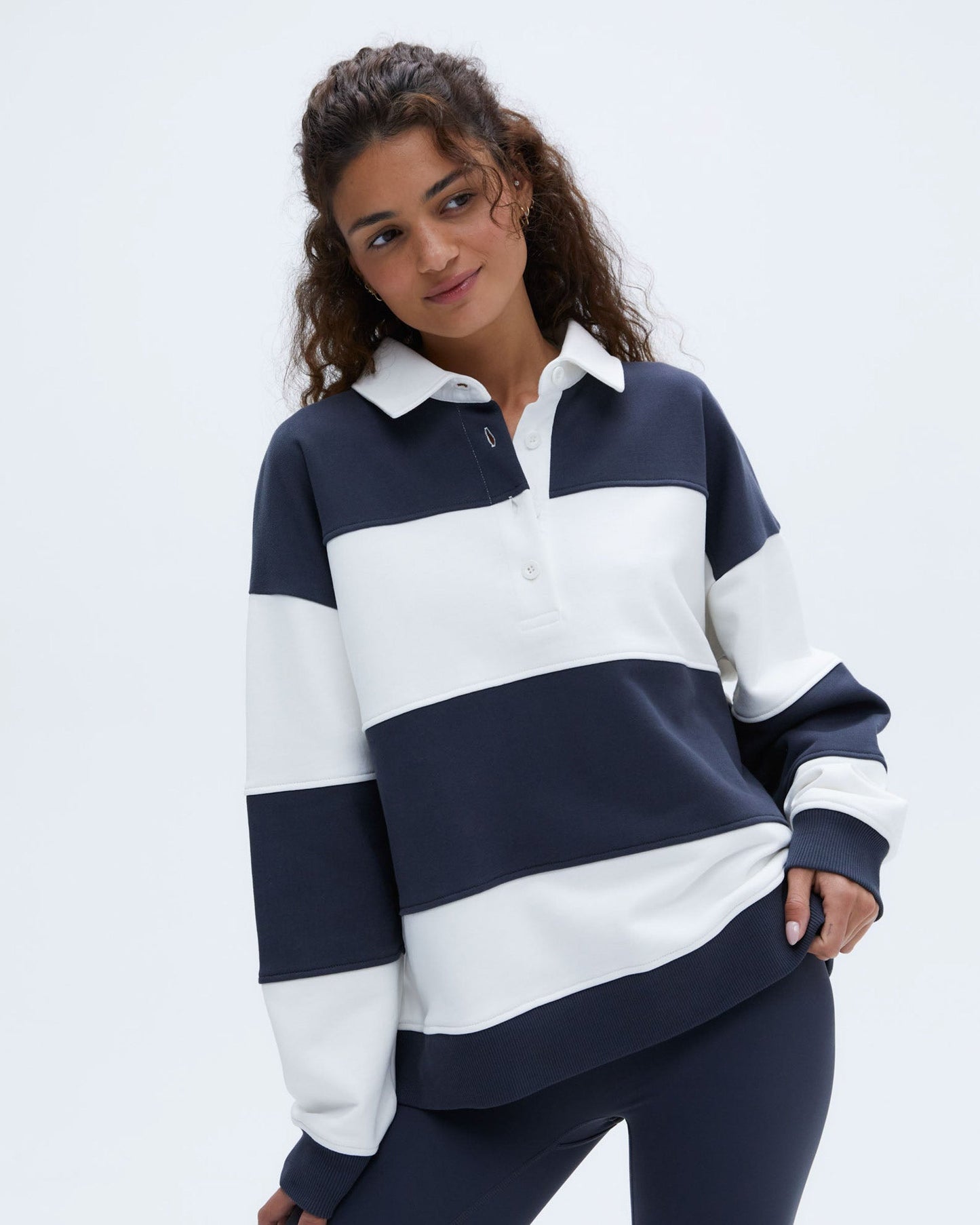 Stripe Oversized Henley Sweatshirt - Midnight Blue/Marshmallow White